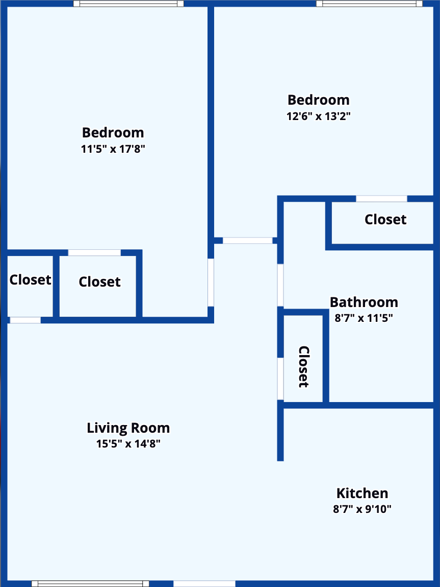 Two-bedroom, one-bath floor plan