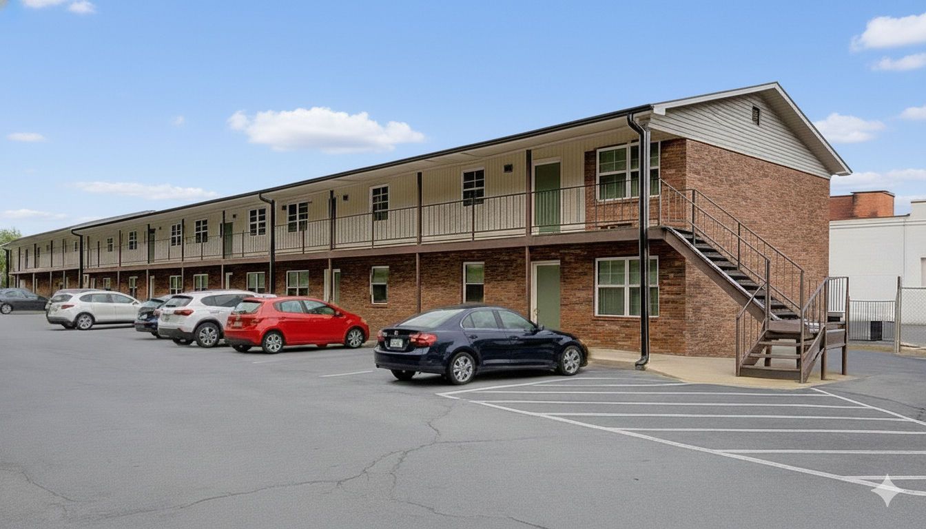 College Terrace two-story brick building with off-street parking